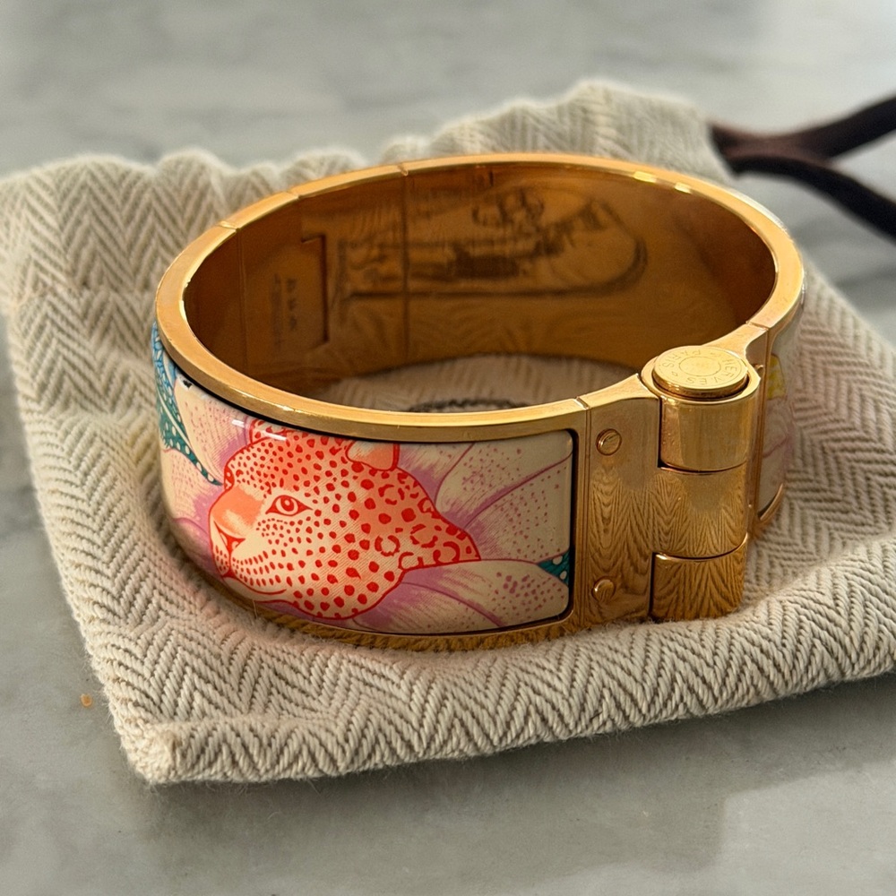 Hermès Hinged Gold and Pink Leopard Bangle Bracelet